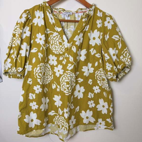 Umgee Tops - Umgee Mustard Daisy Balloon Sleeve Y-Neck Top Med Resortwear Beach Coastal